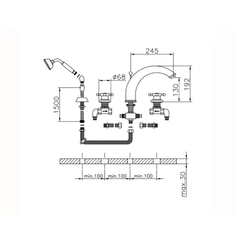 Huber Victorian 4 gats Badkraan met Douchegarnituur RVS VT0002602A
