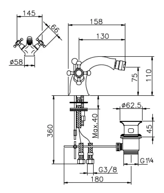 Huber Victorian 2 greeps Bidetmengkraan RVS VT0005502A