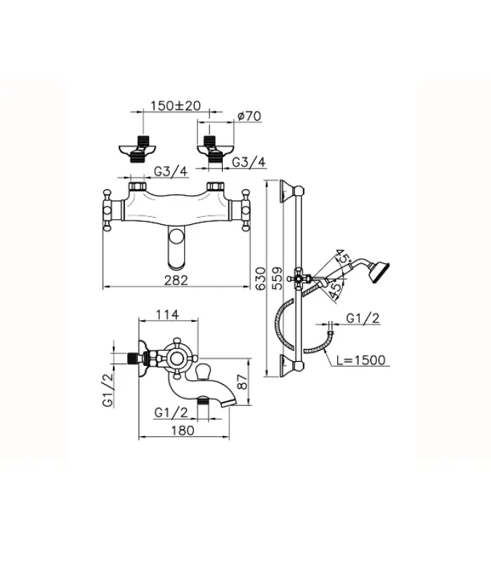 Huber Victorian Thermostatische Badkraan met douchegarnituur RVS VTS270102A