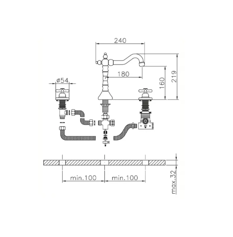 Huber Croisette 3-gats Thermostatische Wastafelmengkraan Goud CST720102G