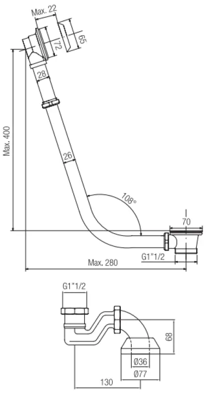 PB badafvoer met ketting voor vrijstaand bad goud 1208677002