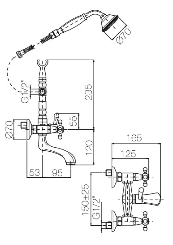 PB klassieke kraan opbouw badkraanset met sterknoppen Brons inclusief handdouche 1208855162