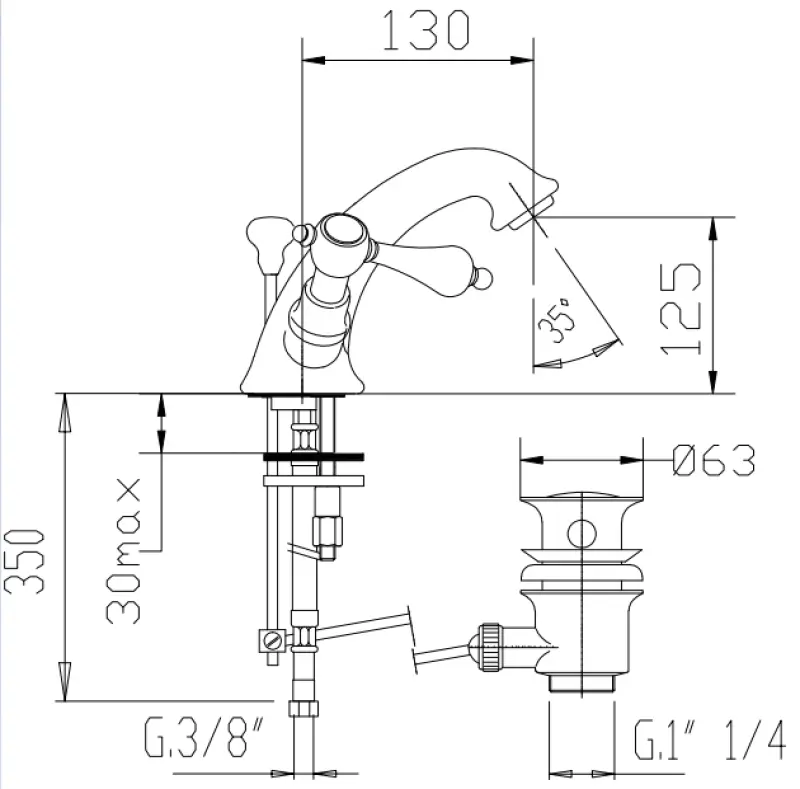 DEMM klassieke wastafelkraan met witte hendels chroom 1208947368