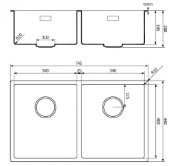 Lorreine 3434BQ-FU zwarte Quartz dubbele spoelbak 3434cm onderbouw vlakbouw zwart met zwarte korfplug 1208954009