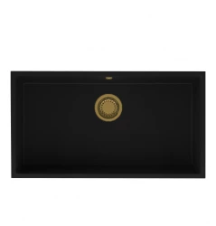 GraniteMy Universal granieten grote zwarte spoelbak 74x40 cm opbouw onderbouw en vlakinbouw met gouden plug 1208967159