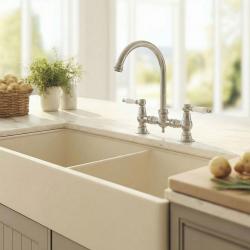 Aquanello Heritage Manor Klassieke Keuken Nostalgische Brug Keukenkraan RVS met Witte Hendel en Ronde Uitloop NB-0011-HM