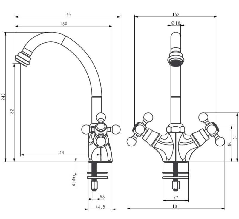 Aquanello Heritage Ascot Klassieke Keuken Nostalgische Keukenkraan RVS NB-4004-HA