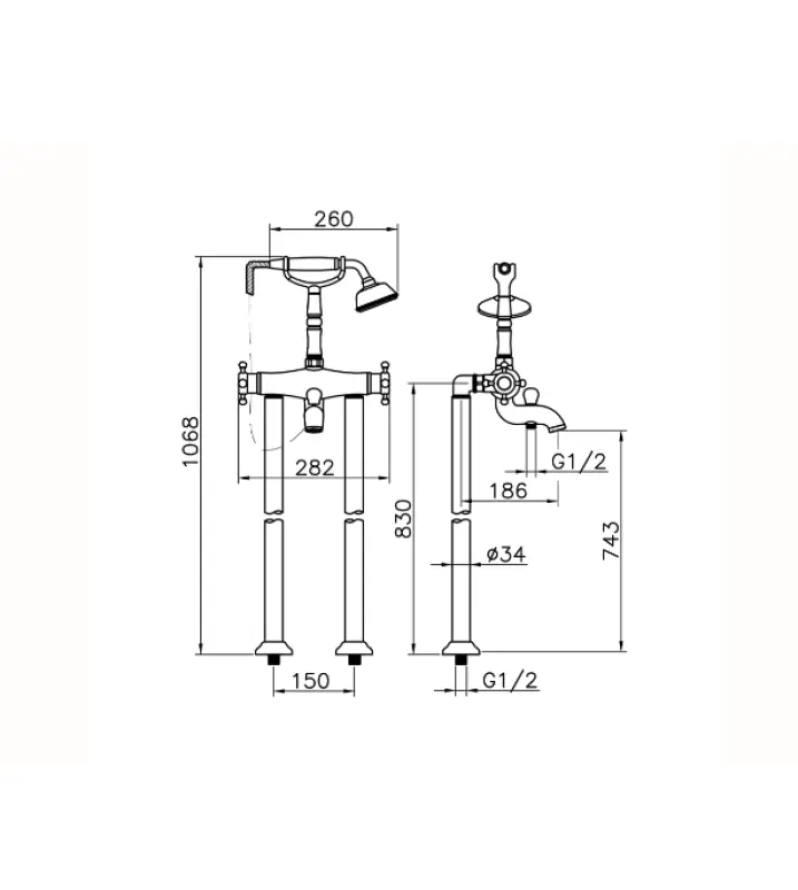Huber Victorian Staande Thermostatische Badkraan met Douchegarnituur Chroom VTT3901021